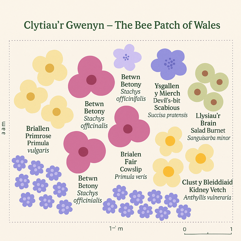 Top-down plan showing drifts of native Welsh plants labelled in Welsh and English