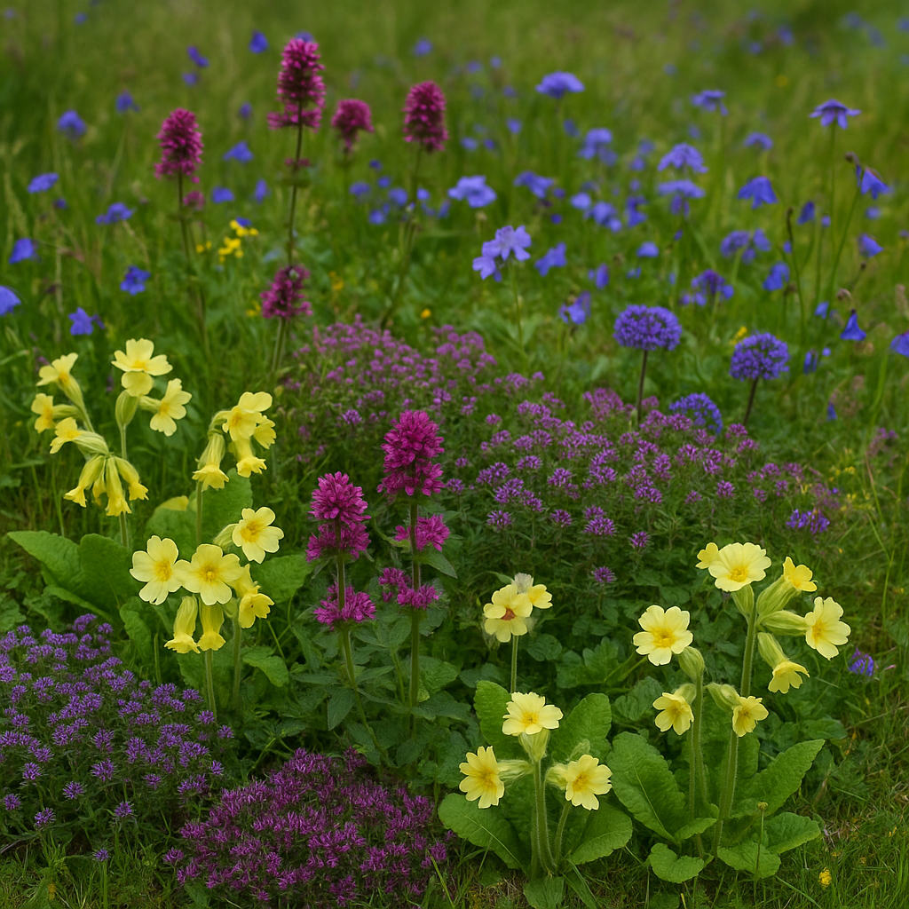 A small Welsh bee-friendly patch with primrose, cowslip, betony, wild thyme, harebell and scabious in bloom