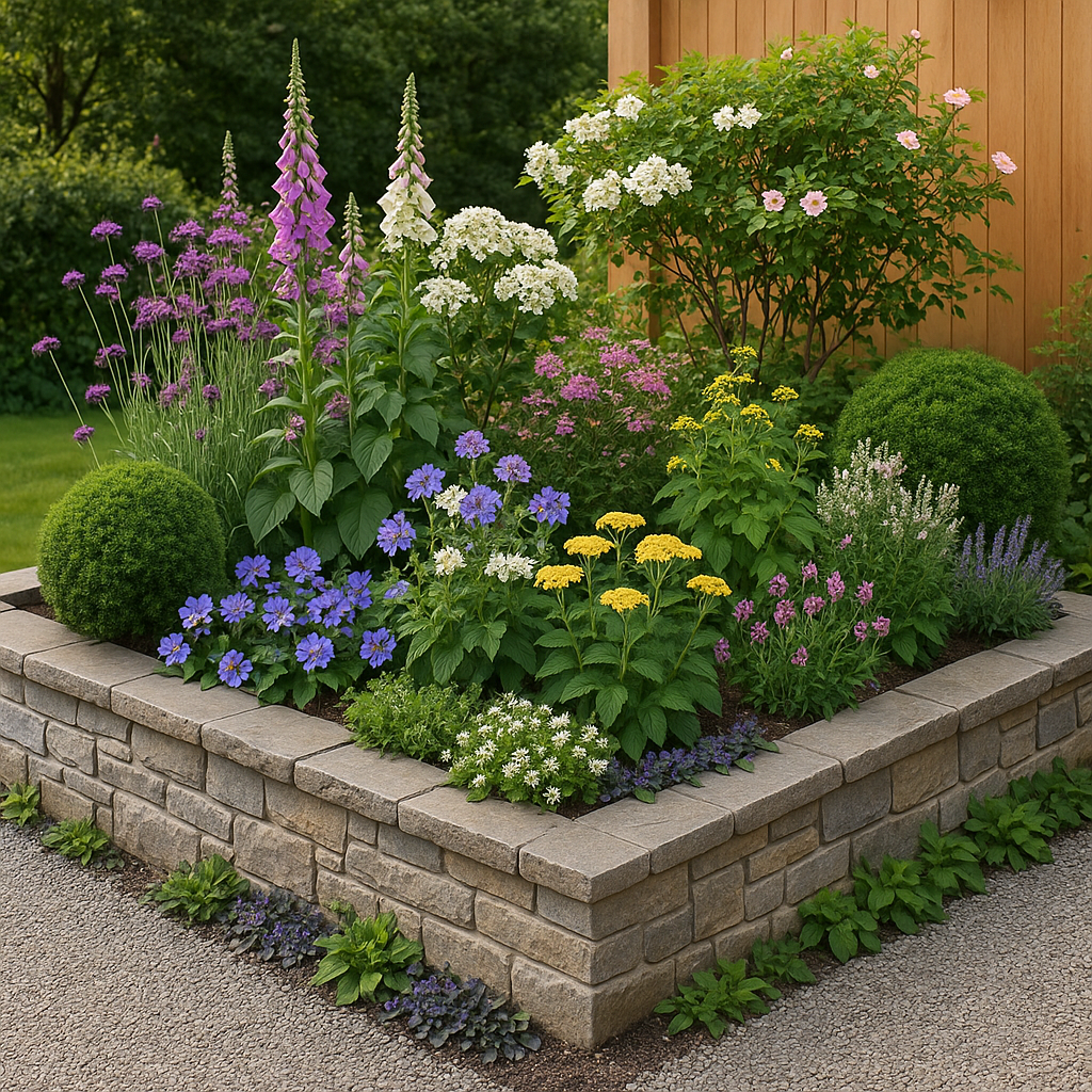 stone garden bed with blossoms stone garden bed with blossoms